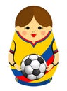 Drawing of a Matryoshka with colors of the flag of Colombia holding a soccer ball in her hands. Russian nesting doll in blue, red