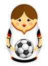 Drawing of a Matryoshka with colors of the flag of Germany holding a soccer ball in her hands. Russian nesting doll in black, red