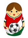 Drawing of a Matryoshka with colors of the flag of Mexico holding a soccer ball in her hands. Russian nesting doll in red, white