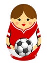 Drawing of a Matryoshka with colors of the flag of Peru holding a soccer ball in her hands. Russian nesting doll in red and white