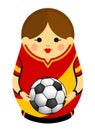 Drawing of a Matryoshka with colors of the flag of Spain holding a soccer ball in her hands. Russian nesting doll in red