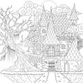 Drawing medieval haunted house, happy Halloween theme, for printing, coloring book and so on. Vector illustration Royalty Free Stock Photo