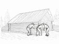 A Drawing Of Men Working In Front Of A Log Cabin - Construction Contractors building a new home Royalty Free Stock Photo
