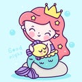 Drawing Mermaid cartoon Little princess fairy hug kawaii fish animal for sweet dream good night Royalty Free Stock Photo