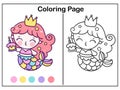 Drawing Mermaid coloring page cartoon little princess holding cupcake for birthday party vector kawaii fish anima Royalty Free Stock Photo