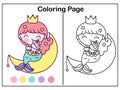 Drawing Mermaid coloring page cartoon little princess sleep on moon hug cute unicorn vector doll kawaii fish animal Royalty Free Stock Photo