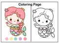 Drawing Mermaid coloring page cartoon little princess vector kawaii with heart