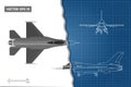 Drawing of military aircraft. Industrial blueprint. Top, side, front views. Royalty Free Stock Photo