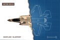 Drawing of military aircraft. Industrial blueprint. Top view. Fighter jet. War plane with external weapons