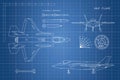 Drawing of military aircraft. Top, side, front views. Fighter jet Royalty Free Stock Photo