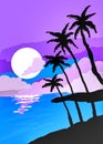 Drawing Of Moon Light, Falling On The River Water, And Reflection ,Purple Color Sky And Cloudscape, With Palm Tree.