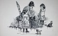 Drawing of mother with children on ice