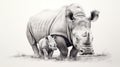 a drawing of a mother rhino and her baby rhinoceros. generative ai Royalty Free Stock Photo