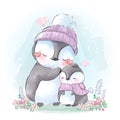 Drawing of the mother and son of a connected penguin in the cold weather of the winter coming Royalty Free Stock Photo