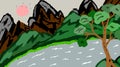 Drawing of mountain,side green nature, tree with river, sunset background. Royalty Free Stock Photo