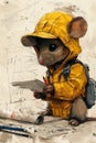 A drawing of a mouse in yellow rain gear holding something, AI