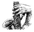 Drawing of the musician plays saxophone hand draw