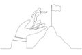 Drawing of muslim business woman stand on giant helping hand to reach top of mountain target flag. One line art style