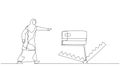 Drawing of muslim business woman walk into credit card trap showing danger of debt. One line art style