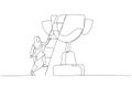 Drawing of muslim businesswoman building ladder of success climbing to top of champion trophy cup. Single line art style