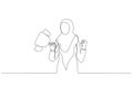 Drawing of muslim businesswoman celebrate success holding winning trophy. Single line art style