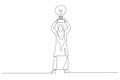 Drawing of muslim businesswoman hands take a trophy cup that looks like a lightbulb on pedestal. Single continuous line art