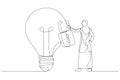 Drawing of muslim businesswoman owner standing with light bulb idea locked with padlock for patents. Intellectual property. Single