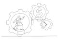 Drawing of muslim businesswoman running with full effort inside gear cogs. Effort and time resulted money concept. Single line art