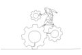 Drawing of muslim businesswoman standing on series of gear. Metaphor for organizing team. Continuous line art