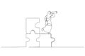 Drawing of muslim businesswoman standing on uncompleted jigsaw looking for missing piece. Finding solution concept. Single line