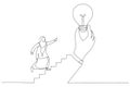 Drawing of muslim businesswoman step on stair of big hand holding inspiring bright lightbulb. Inspiration idea. Single line art