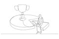 Drawing of muslim businesswoman working effective and efficient and being productive get trophy. One line style art