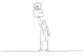 Drawing of muslim businesswoman working with laptop while carrying load of paperwork. Ability to work under pressure. Single line