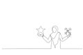 Drawing of muslim woman holding comparing quality of stars. Metaphor for quality vs quantity. One line art style