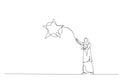 Drawing of muslim woman throws a lasso, catching star. Single continuous line art style