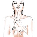 Drawing of a naked girl in a sensual pose with hands close up