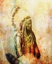 Drawing of native american indian foreman Sitting Bull - Totanka Yotanka according historic photography, with beautiful