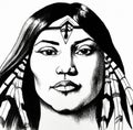 Drawing of a Native American Woman with Dark Long Hair