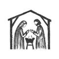 A drawing of a nativity scene. Joseph and Mary with little Jesus in a stable, a cave