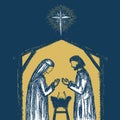 A drawing of a nativity scene. Joseph and Mary with little Jesus in a stable, a cave