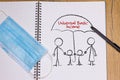 Drawing on note pad of family under the protective umbrella of universal basic income, next to face mask