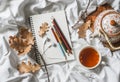 Drawing notepad, colored pencils, sea buckthorn tea, dried leaves of oak in bed, top view. Weekend cozy leisure concept. Flat lay