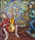 Drawing in oil, funny musicians playing saxophone and cello against an abstract wall, esoteric music