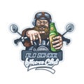 Drawing of an old biker on a motorcycle with a bottle of beer in his hand. Can be printed on T-shirts Royalty Free Stock Photo