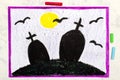 Drawing: old scary cemetery at night. Halloween drawing
