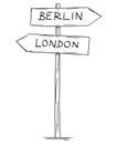 Drawing of Old Two Directional Arrow Road Sign With Berlin and London Texts Royalty Free Stock Photo