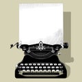 Drawing of old typewriter with a paper in black and white vintage