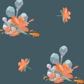 DRAWING OF AN ORANGE FLOWER BUD AND BLUE-GREEN LEAVES ON A DARK BLUE BACKGROUND Royalty Free Stock Photo