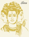 Outline Sketch of Lord Shiva with Closeup of Three head and Face of Lord Shiva