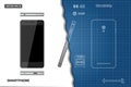 Drawing of outline smartphone. Industrial blueprint. Phone views: side, front, back. Touch telephone with the camera